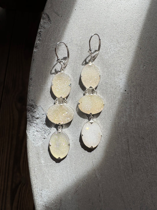 Iridescent White Druzy Oval Earrings