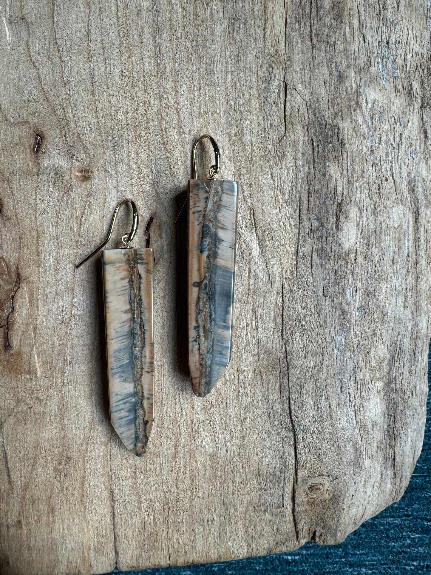 Fossil Walrus Ivory Rare Blue Half Cylander + 14kt Earrings