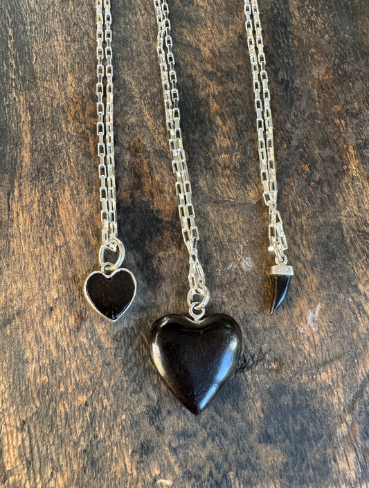 Vintage Ebony Wood Puffed Heart Pendant Necklace